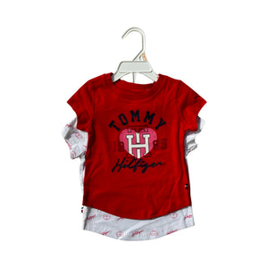 Tommy Hilfiger Toddlers Girl 2 Pcs Brand Logo Short Sleeve T-Shirt, Red/White