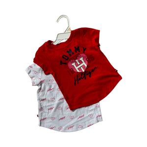 Tommy Hilfiger Toddlers Girl 2 Pcs Brand Logo Short Sleeve T-Shirt, Red/White