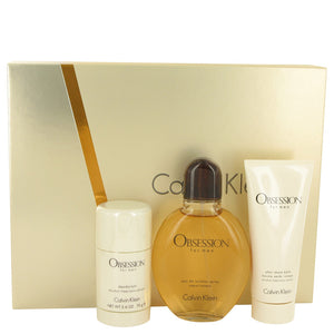 Zestaw upominkowy Obsession by Calvin Klein – 4,2 uncji wody toaletowej w sprayu + 3,4 uncji balsamu po goleniu + 2,6 uncji dezodorantu w sztyfcie dla mężczyzn