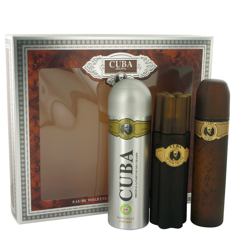 Set cadou Cuba Gold by Fragluxe -- 3,3 oz apă de toaletă spray + 3,3 oz spray după bărbierit + 6,7 oz spray deodorant de corp pentru bărbați