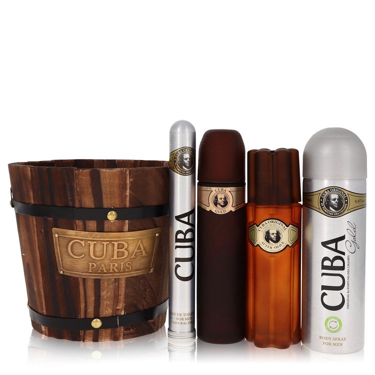 Set cadou Cuba Gold by Fragluxe -- 3,4 oz apă de toaletă spray + 1,17 oz apă de toaletă spray + 6,7 oz spray pentru corp + 3,3 oz după bărbierit pentru bărbați