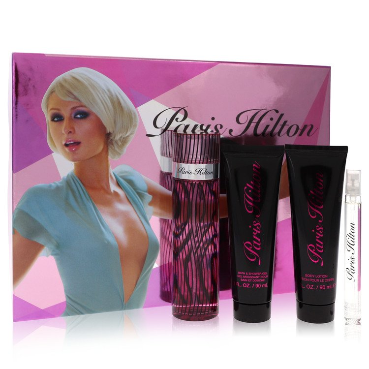 Set de regalo Paris Hilton by Paris Hilton -- Spray Eau De Parfum de 3.4 oz + Loción corporal de 3 oz + Gel de ducha de 3 oz + Mini spray EDP de 0.34 oz para mujeres