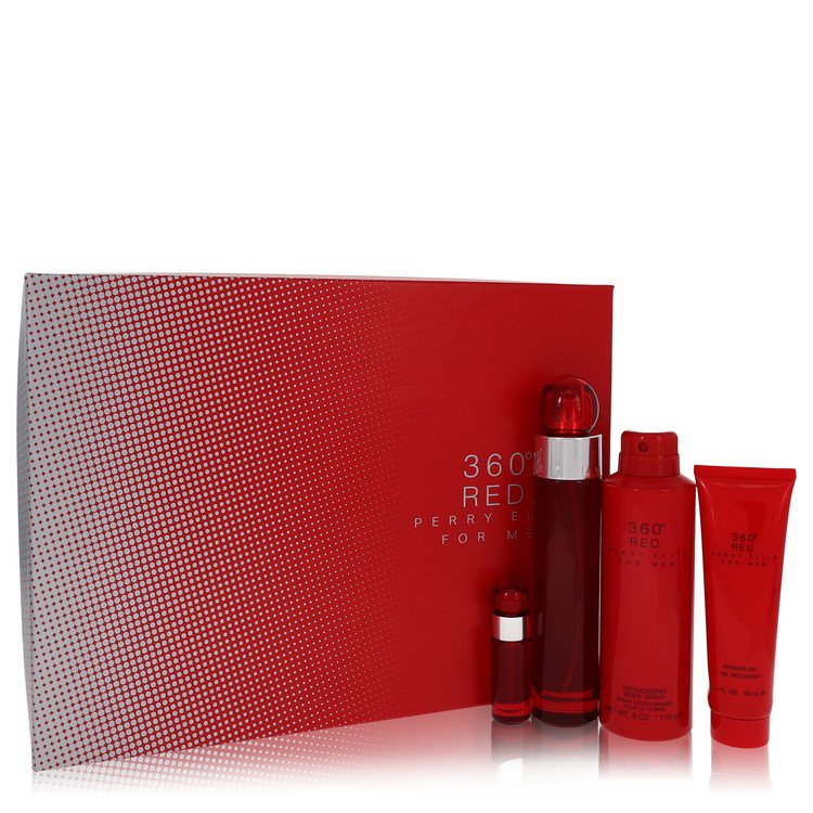 Set de regalo Perry Ellis 360 Red de Perry Ellis: Eau De Toilette en spray de 3,4 oz + Mini EDT en spray de 0,25 oz + Spray corporal de 6 oz + Gel de ducha de 3 oz para hombres