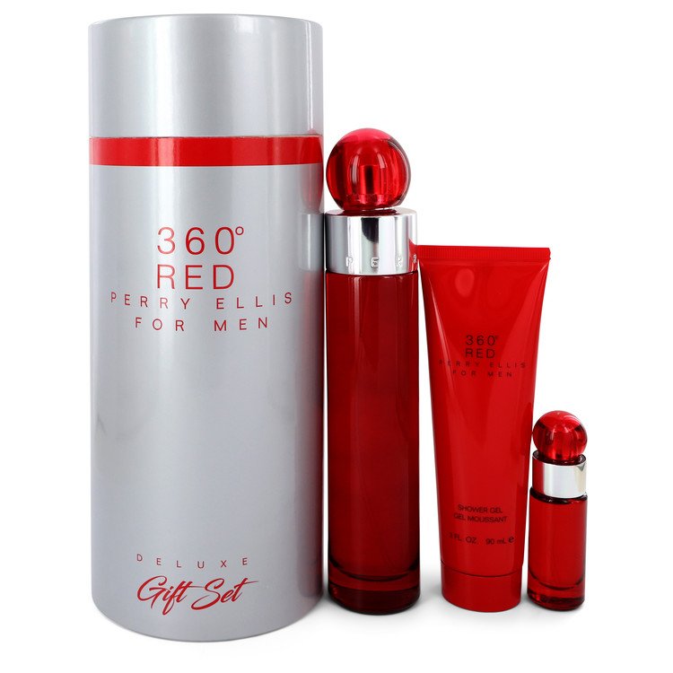 Perry Ellis 360 Red van Perry Ellis Cadeauset - 3,4 oz Eau De Toilette Spray + .25 oz Mini EDT Spray + 3 oz Douchegel in Tube Box voor Mannen