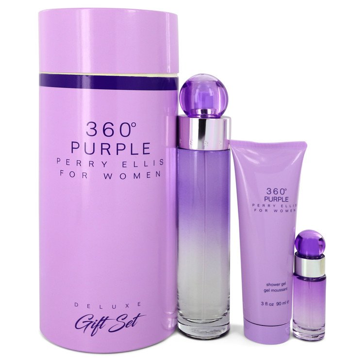 Coffret Cadeau Perry Ellis 360 Purple par Perry Ellis -- Vaporisateur Eau de Parfum 3,4 oz + Mini Vaporisateur EDP 0,25 oz + Gel Douche 3 oz pour Femmes