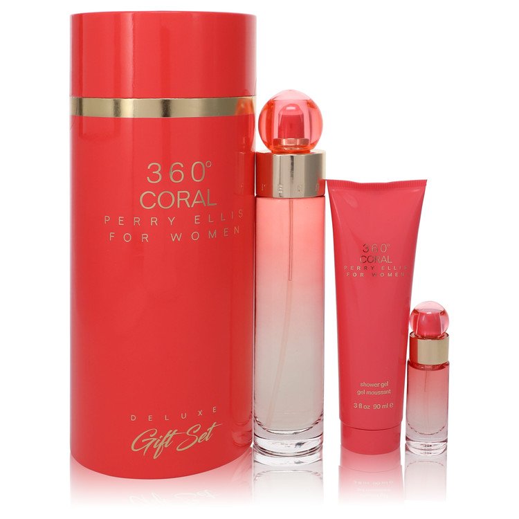 Подарочный набор Perry Ellis 360 Coral от Perry Ellis — парфюмированная вода-спрей 3,4 унции + мини-спрей EDP 0,25 унции + гель для душа для женщин 3 унции