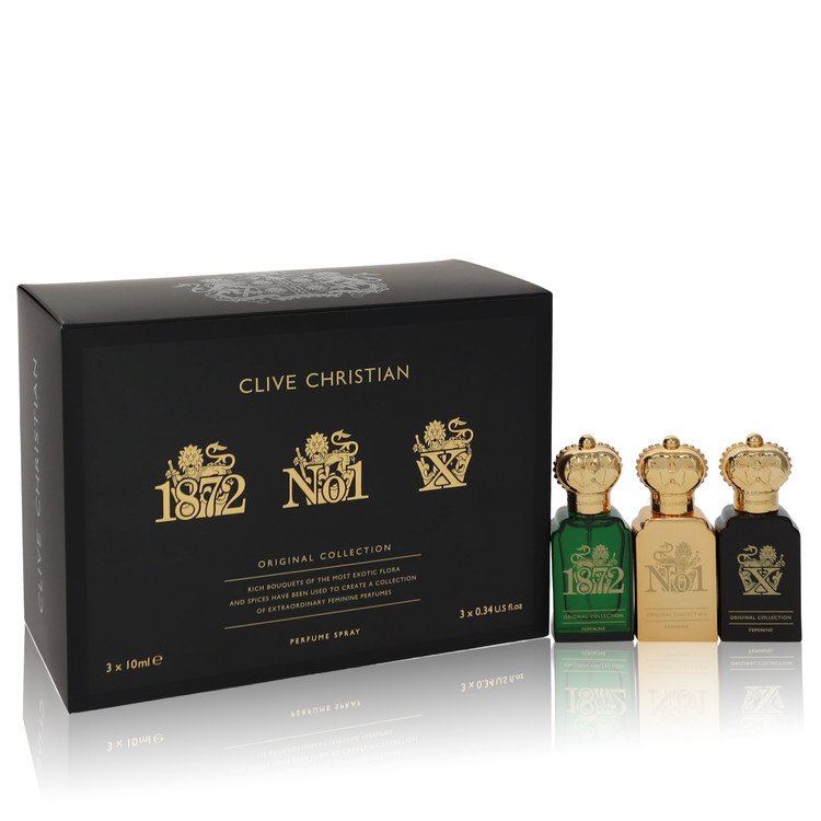 Clive Christian X by Clive Christian Set de regalo: el juego de viaje incluye Clive Christian 1872 Feminine, Clive Christian No 1 Feminine, Clive Christian X Feminine, todo en aerosoles de perfume puro de 0,34 oz para mujer