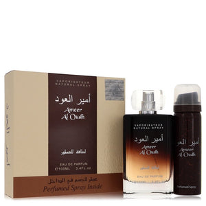 Ameer Al Oudh von Lattafa Geschenkset – 3,4 oz Eau de Parfum Spray + 1,7 oz parfümiertes Spray für Männer