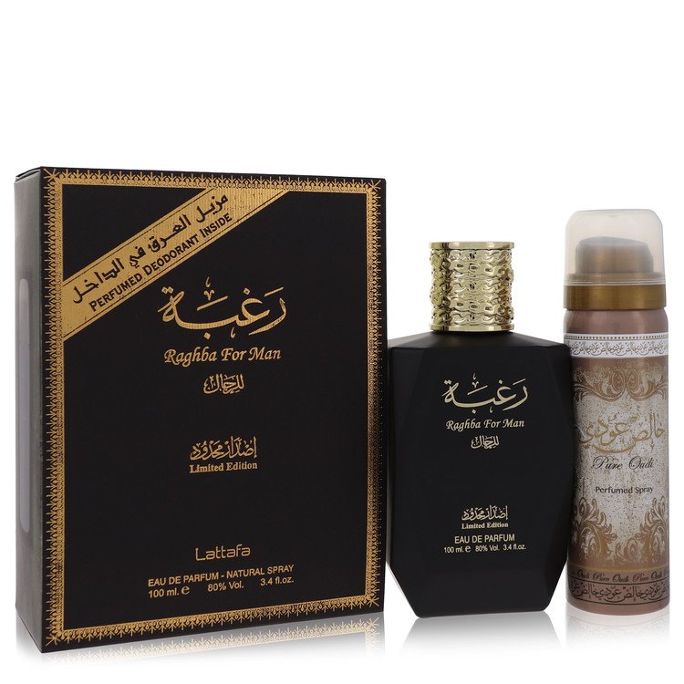 Lattafa Raghba Man by Lattafa Eau De Parfum Spray mais Desodorante Spray 1,7 oz e 3,4 oz para Homens
