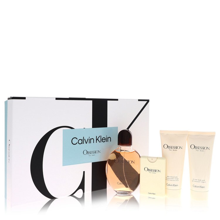 Coffret cadeau Obsession de Calvin Klein -- Vaporisateur Eau de Toilette 4,2 oz + Mini vaporisateur EDT 0,67 oz + Baume après-rasage 3,4 oz + Gel douche 3,4 oz pour hommes